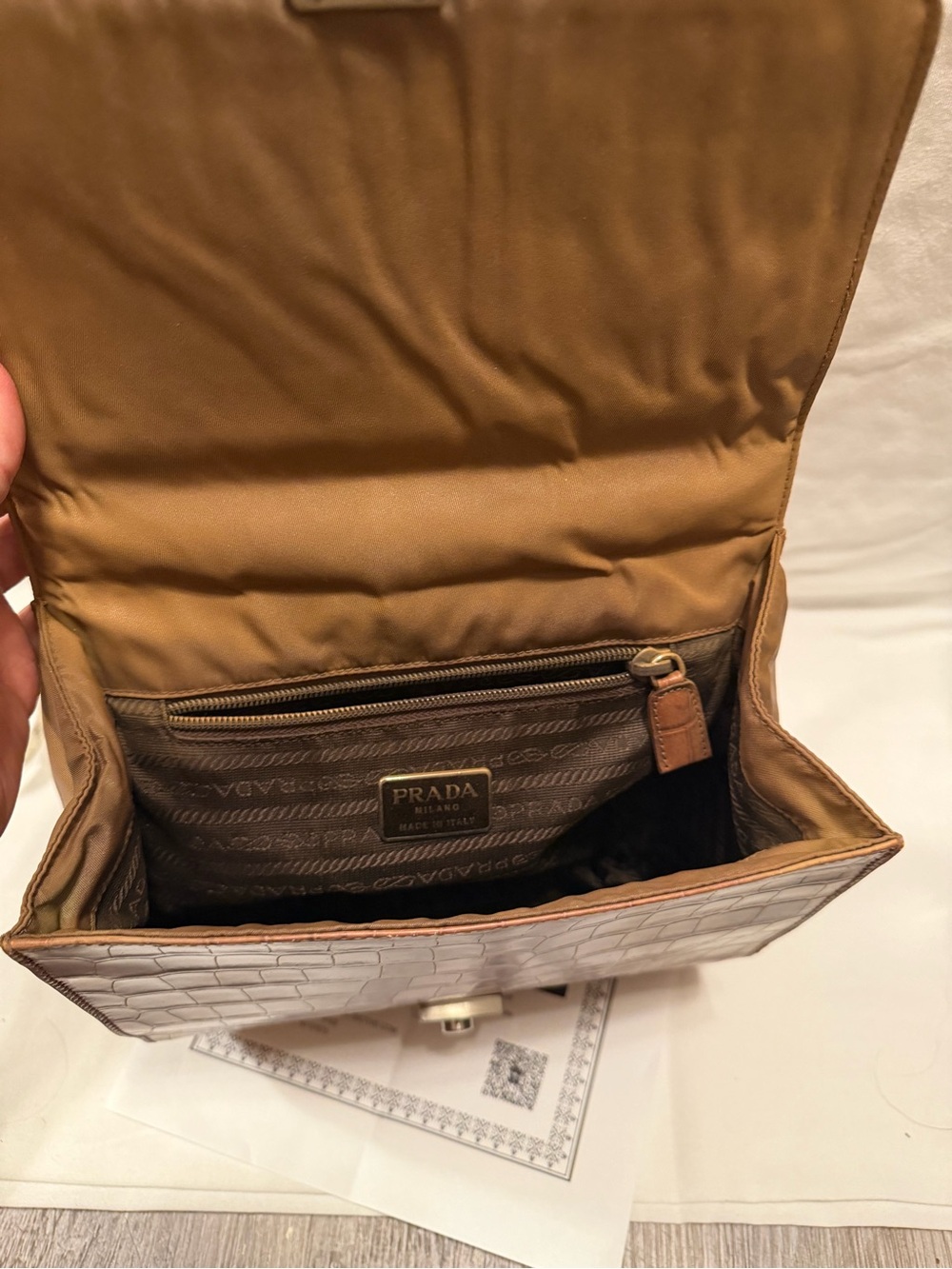 Prada Brown Croc-Embossed Top Handle with COA included cancer awareness bracelet - Picture 9 of 10